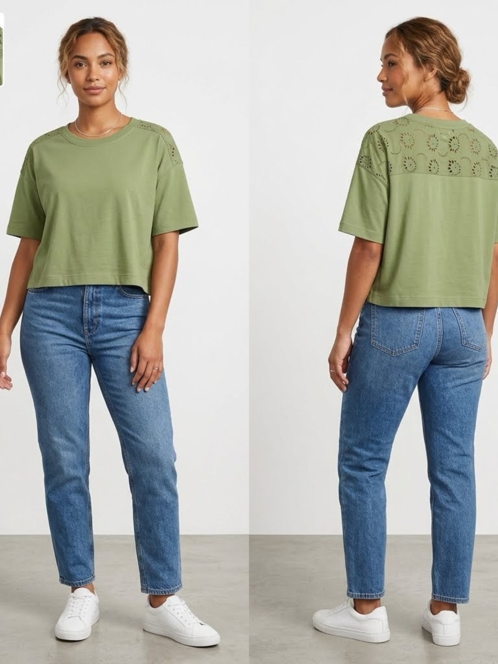 NWT Jane + Delancey Green Eyelet Lace Back Short Sleeve Top Boxy Vintage Wash XL